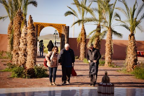 Passengers arriving at the estate under the palm trees after the flight