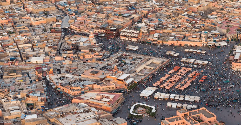 Aerial view of Jemaa el-Fna square and the medina rooftops in Marrakech