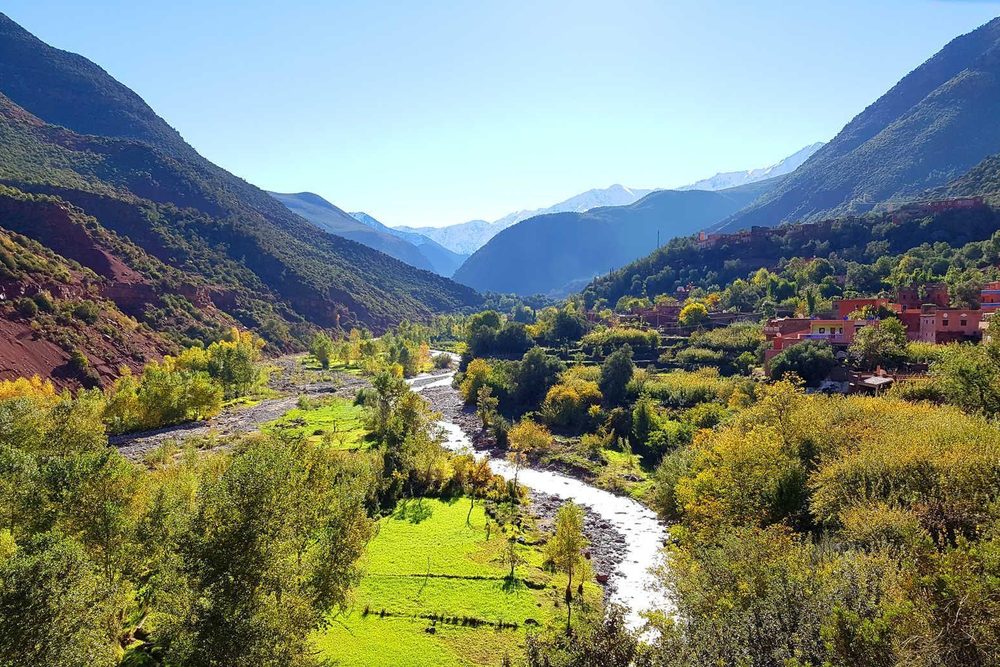 Ourika valley: river, green fields, Berber village and snow-capped Atlas peaks