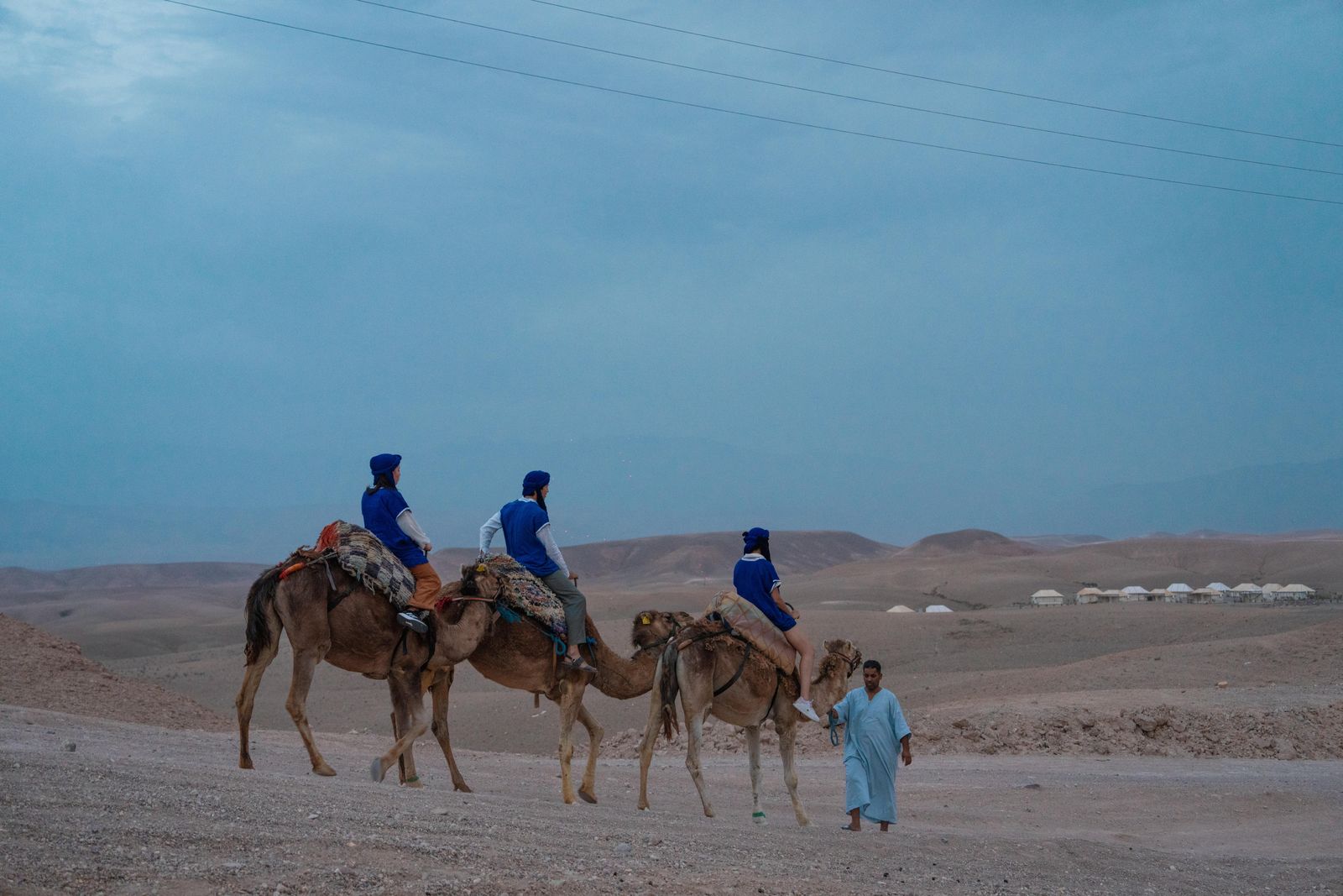 Camels and riders crossing the plateau at blue hour, a line of tents visible in the distance